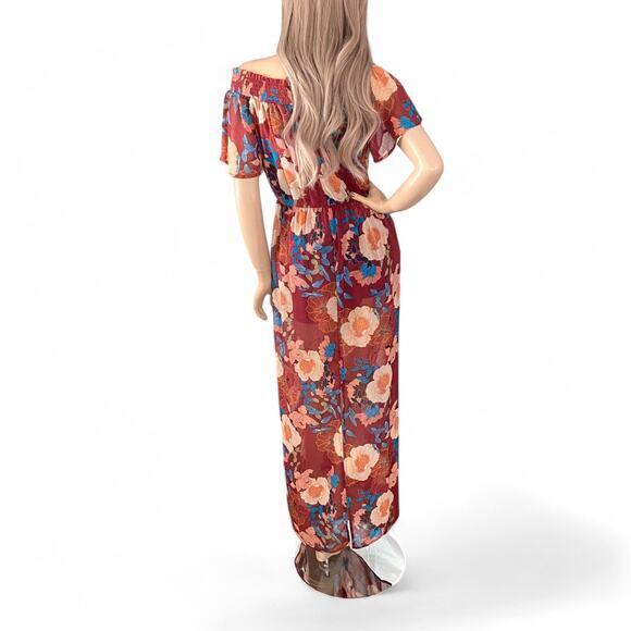 Y2K Fall Floral Maxi Dress S | Off Shoulder Burgundy Boho Cottagecore Prairie - Picture 8 of 9